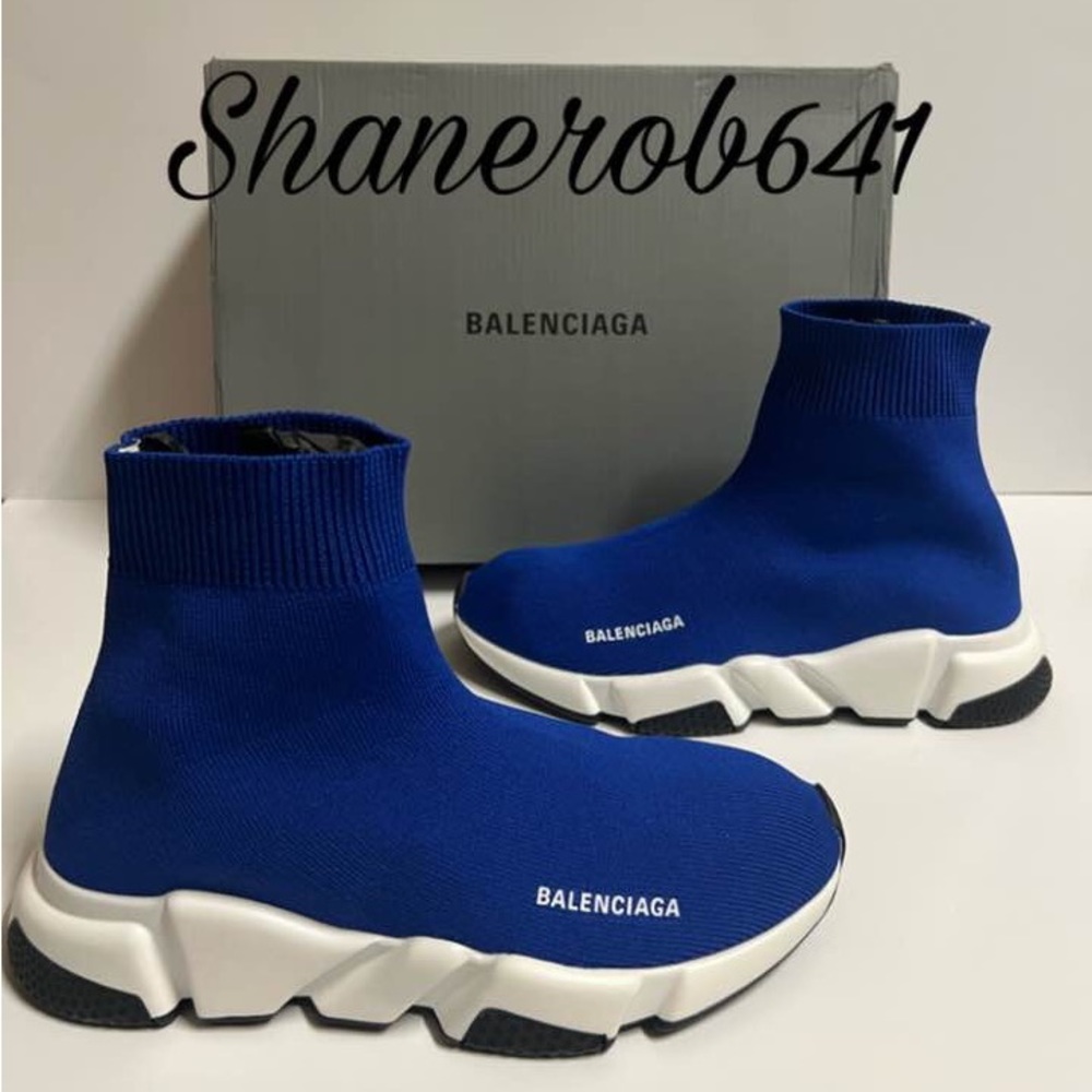 Balenciaga Speed Trainers Blue Black White Women Size 8 BTS Sock Sneakers